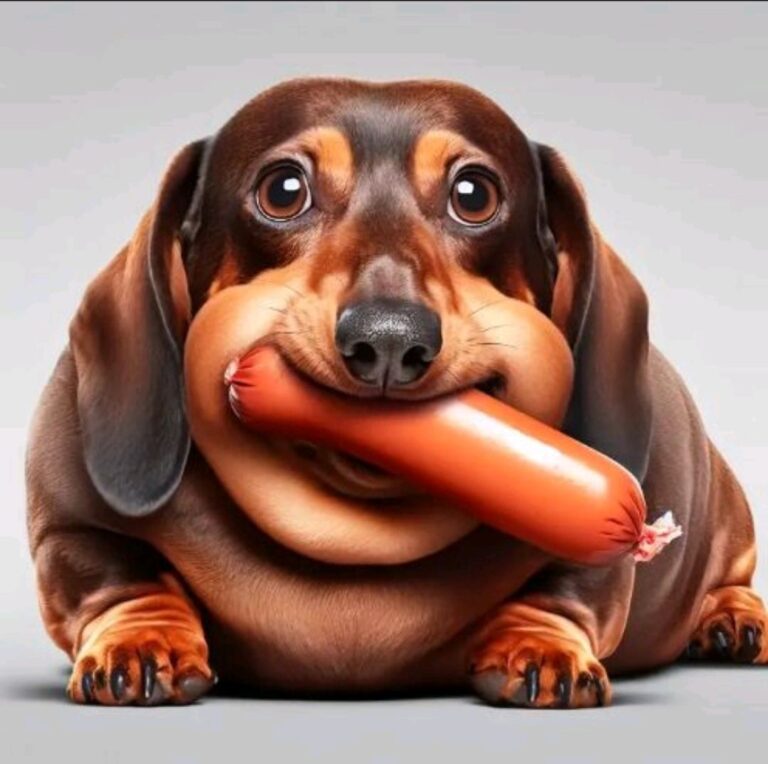 собака жрет сосиску