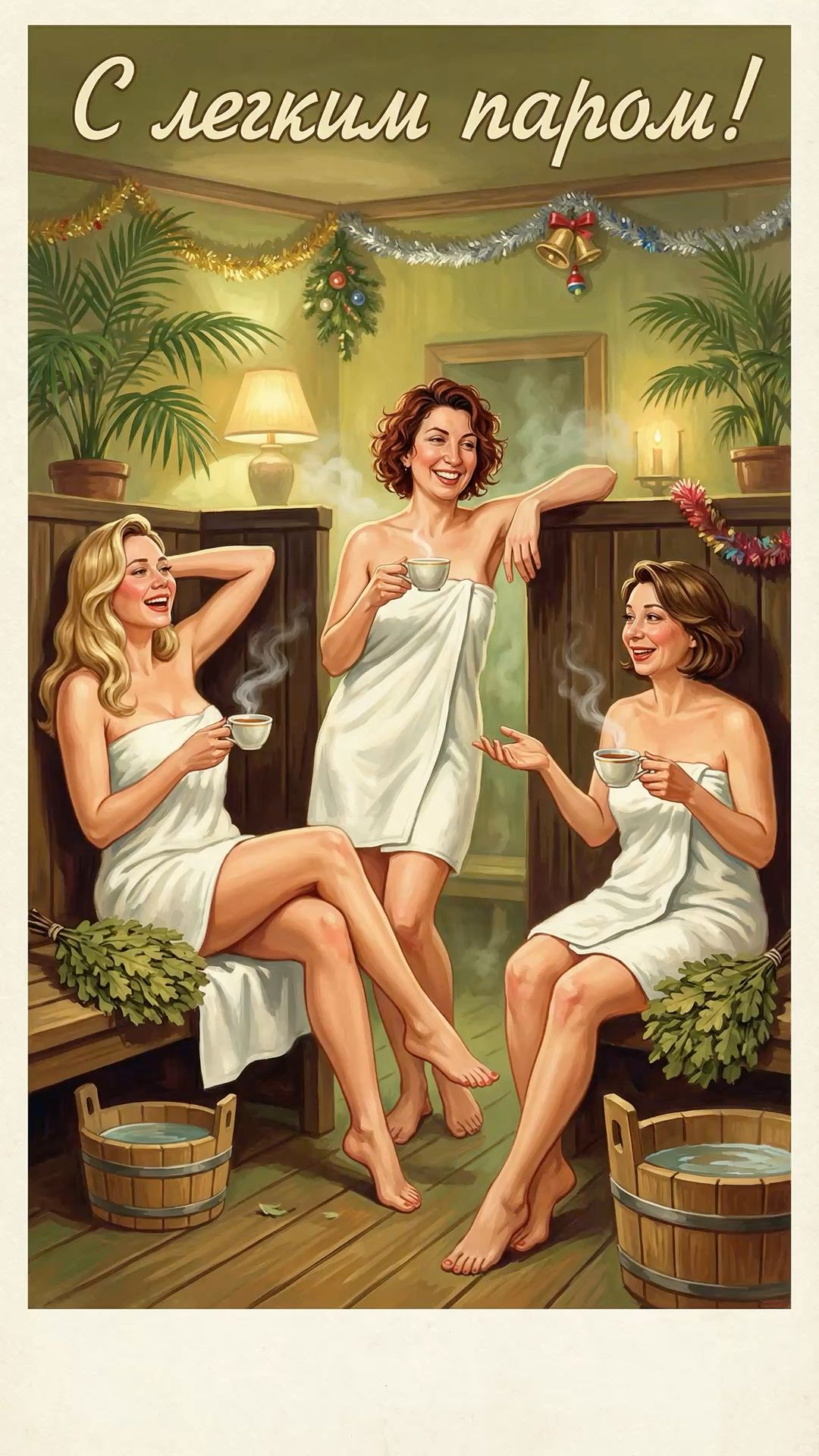 Vintage Pin-Up in Russian Banya | Retro Sauna Illustration