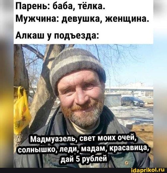 Парень: баба, тёлка. Алкаш подезда: Мужчина: девушка, женщина. Мадмуазель, свет моих очей, солныш…