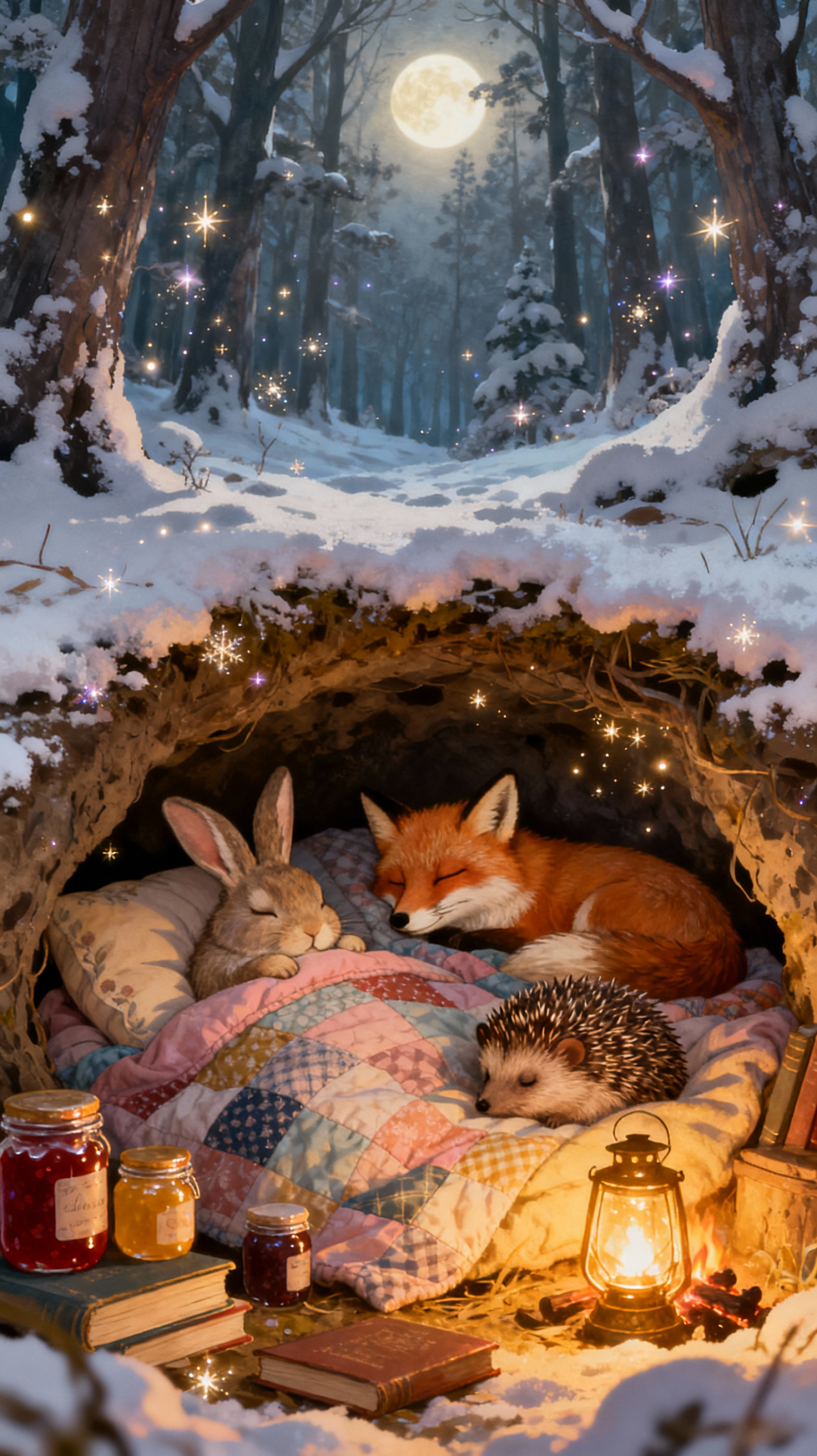 Cozy Winter Burrow – Fox, Bunny & Hedgehog Under the Moonlight